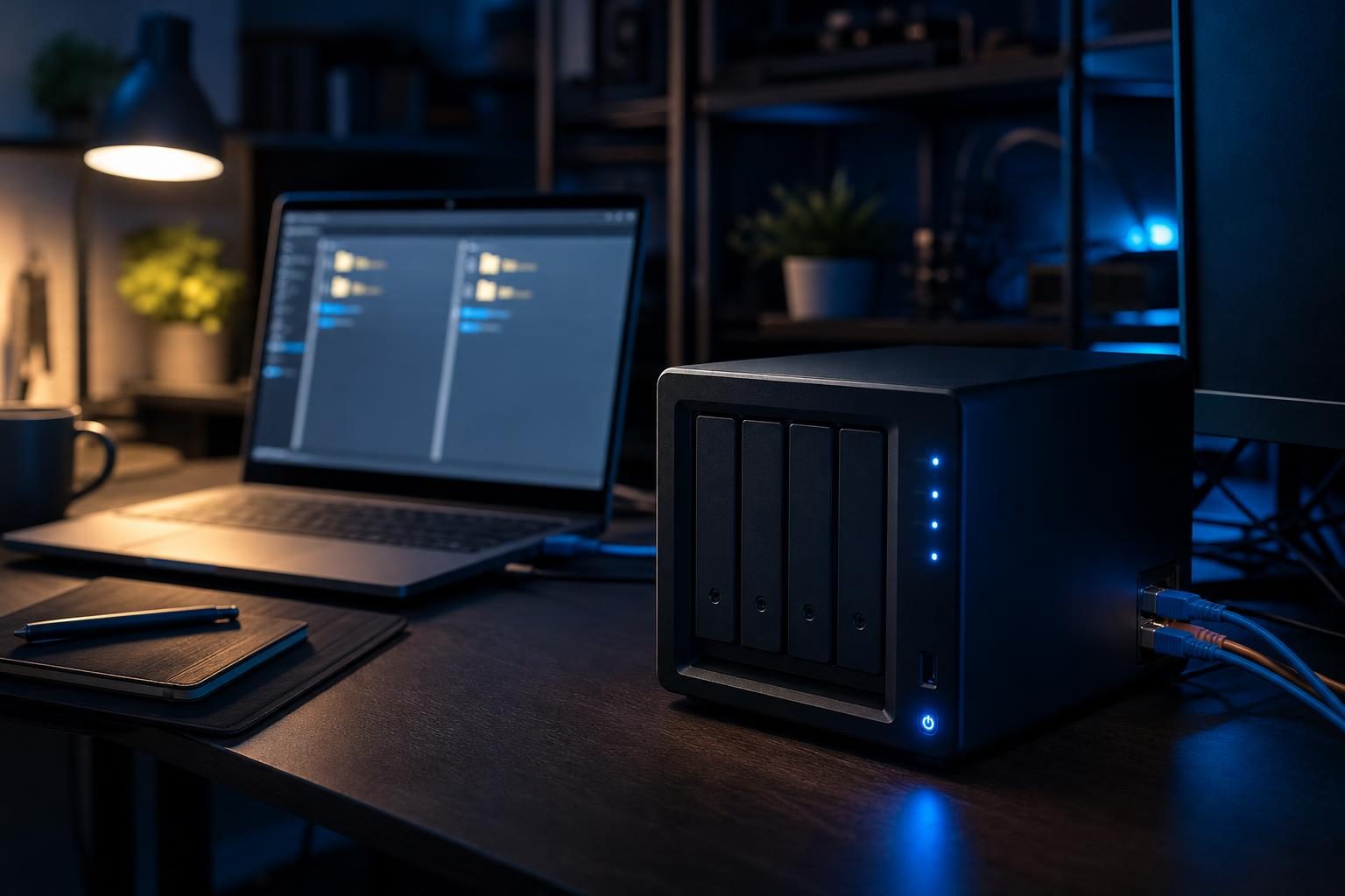 Ein Arbeitsplatz mit Laptop und einem NAS-Gerät, das mehrere Festplatten enthält und mit Netzwerkverbindungen sichtbar verbunden ist.