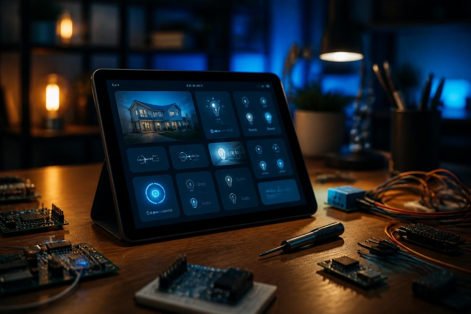 Ein Tablet mit einem klar strukturierten Hausautomations-Dashboard steht auf einer Werkbank mit Elektronikbauteilen und Werkzeugen.