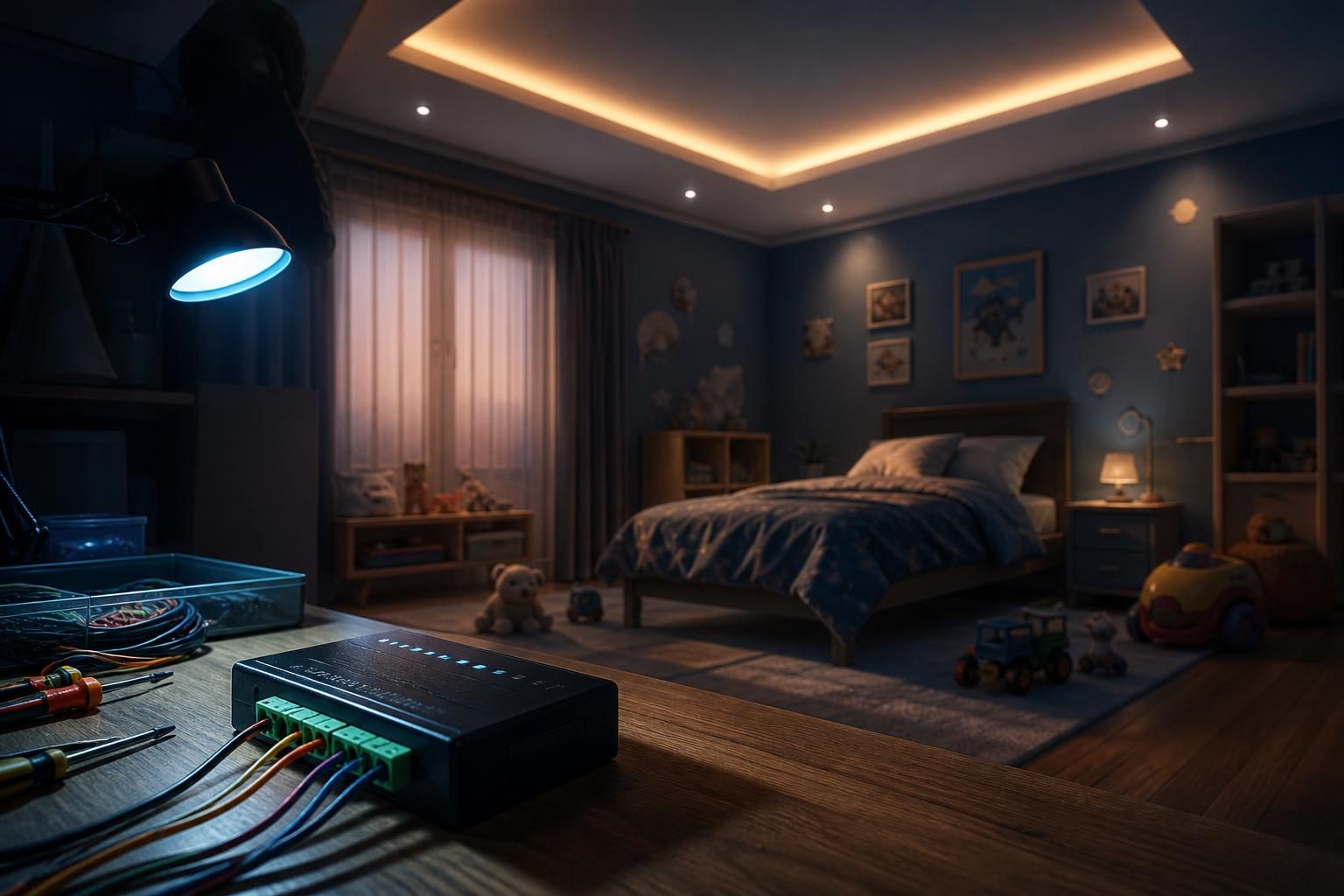 Ein Kinderzimmer, das in der Morgendämmerung langsam von einem smarten LED-Licht aufgehellt wird, neben einer Werkbank mit Elektronik und Steuergerät.