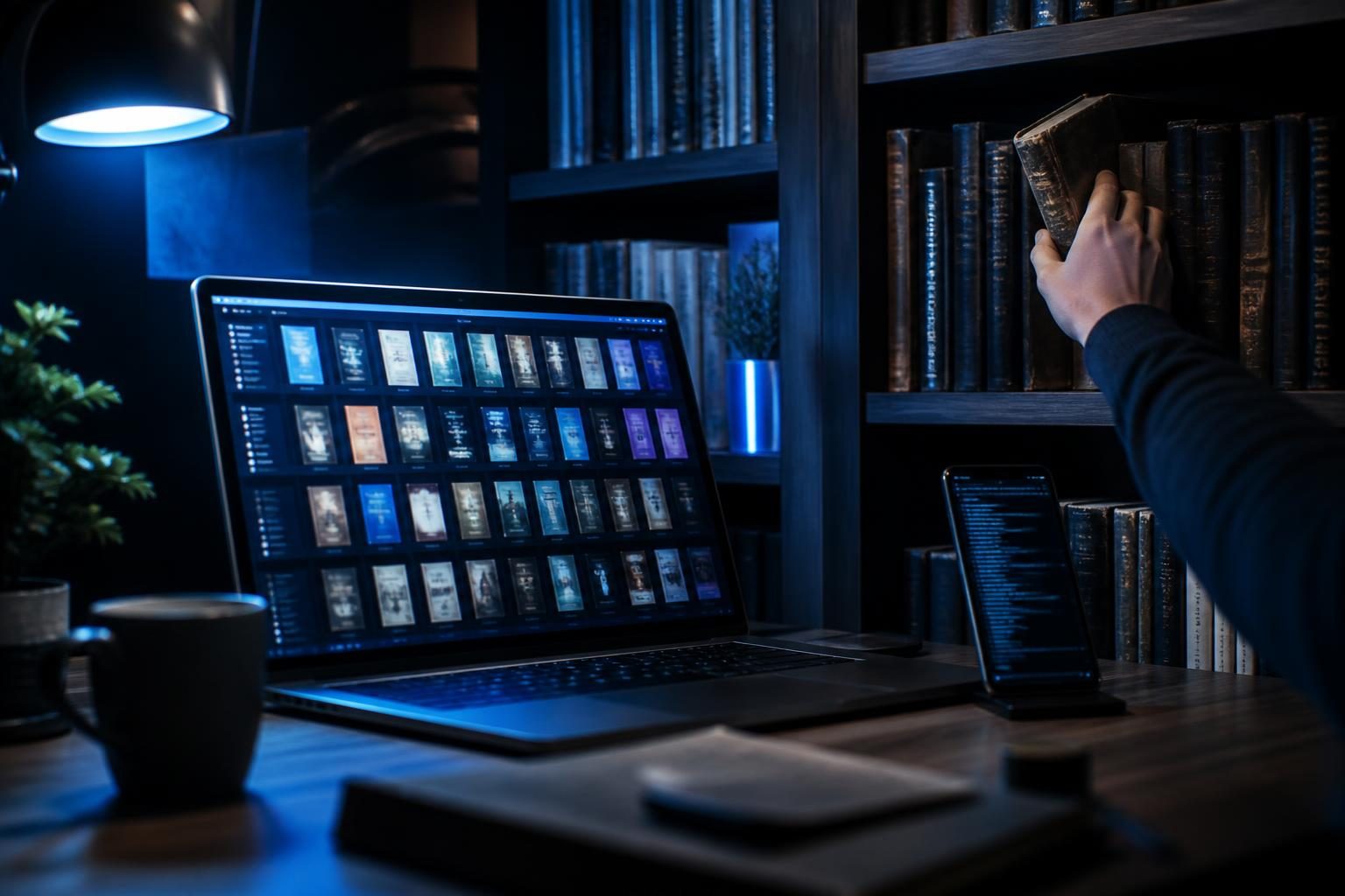 Ein Schreibtisch mit Laptop, Smartphone und Bücherregal, auf dem digitale und physische Bücher sichtbar sind.