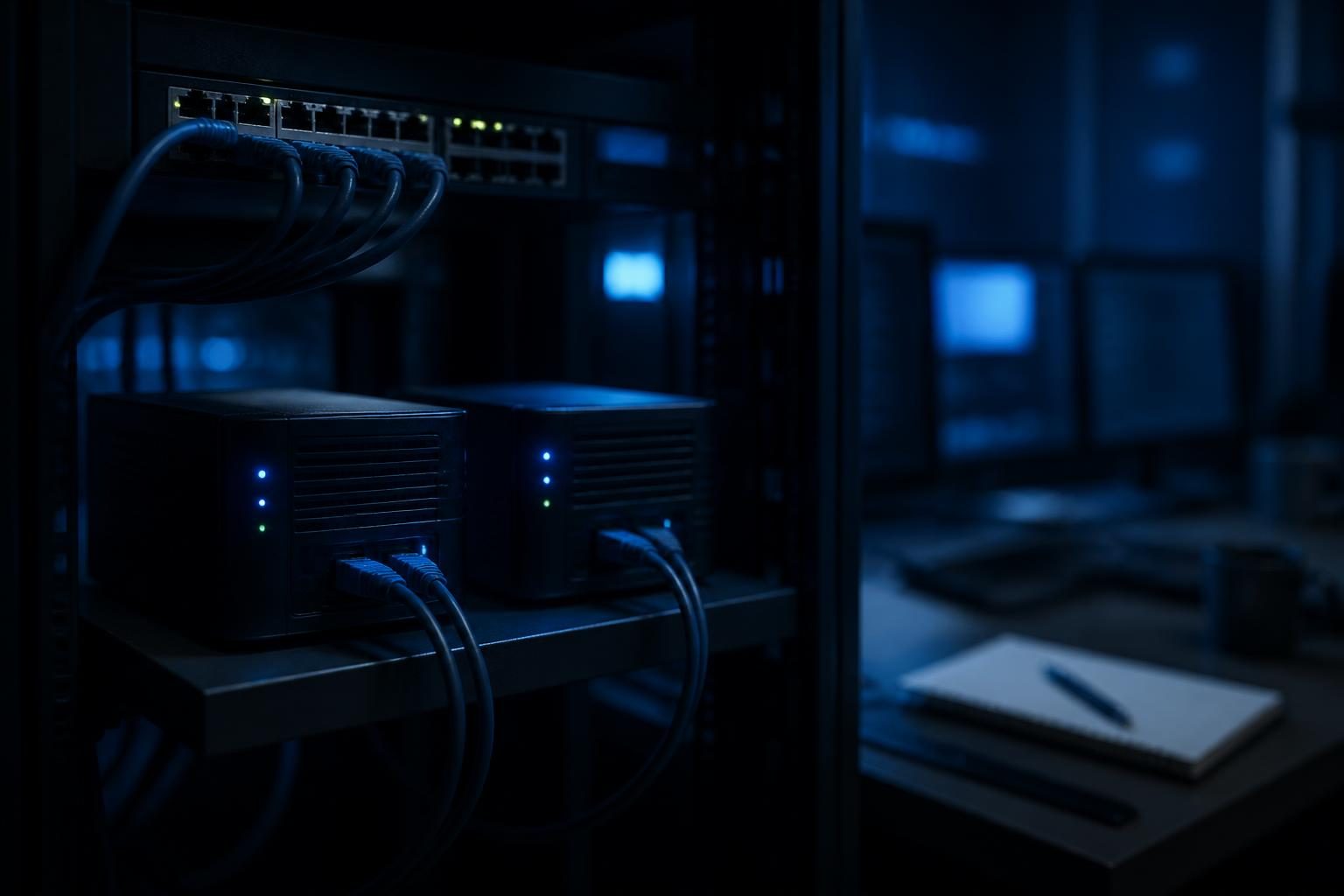 Zwei kleine Netzwerk-Container mit blinkenden LEDs in einem Serverraum, verbunden über Ethernet-Kabel, neben einem unordentlichen Schreibtisch mit Notizblock und Stift.