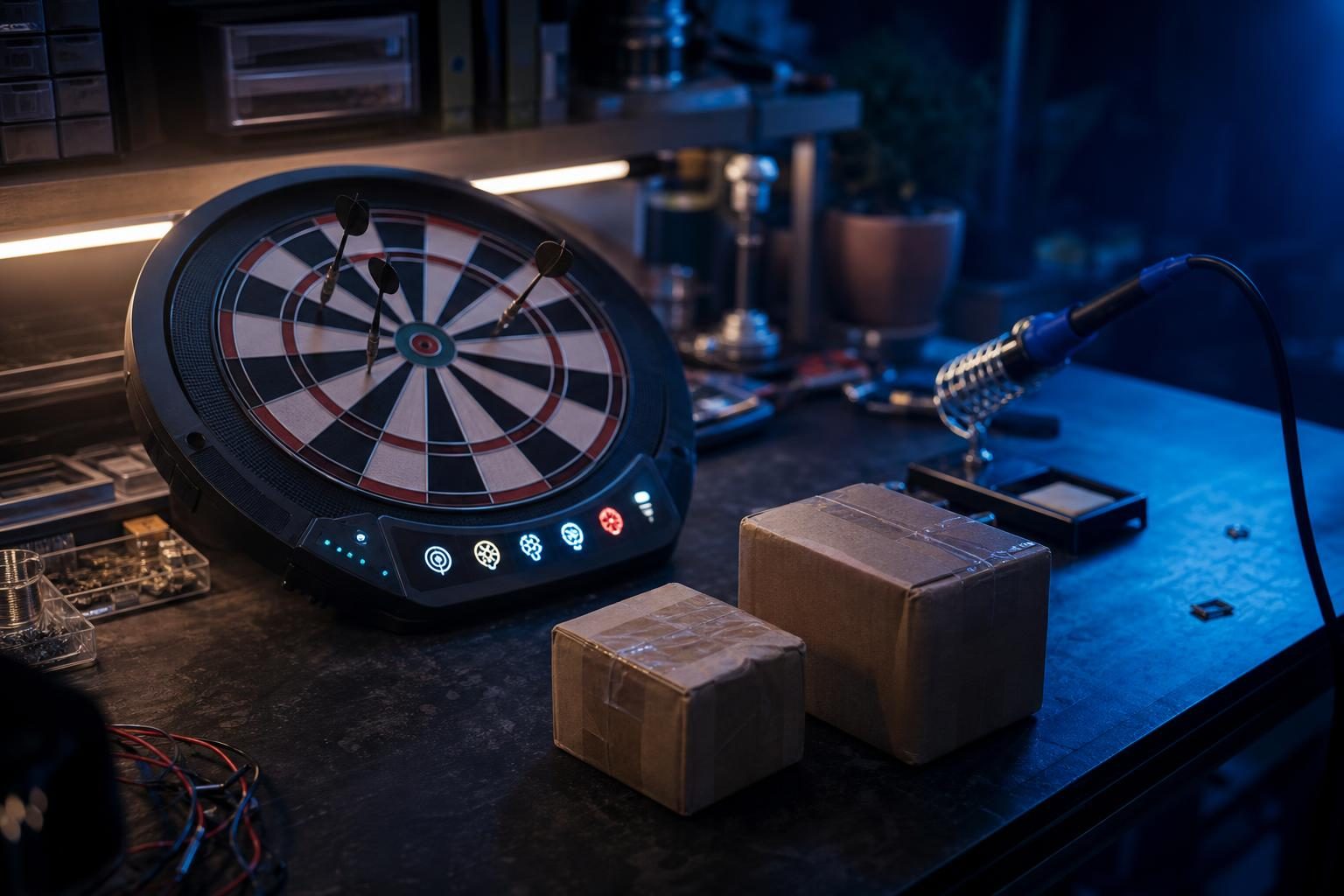 Nahaufnahme einer Werkbank mit einem kleinen Dartboard mit LED-Panel und zwei Paketen, die nebeneinander liegen.